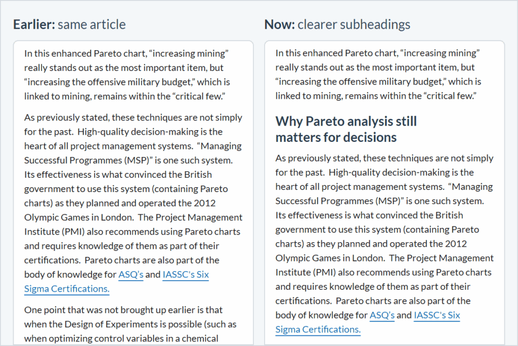 The same passage from our Pareto principle article shown twice: earlier as one long run of paragraphs, now with a subheading so the page is easier to scan.