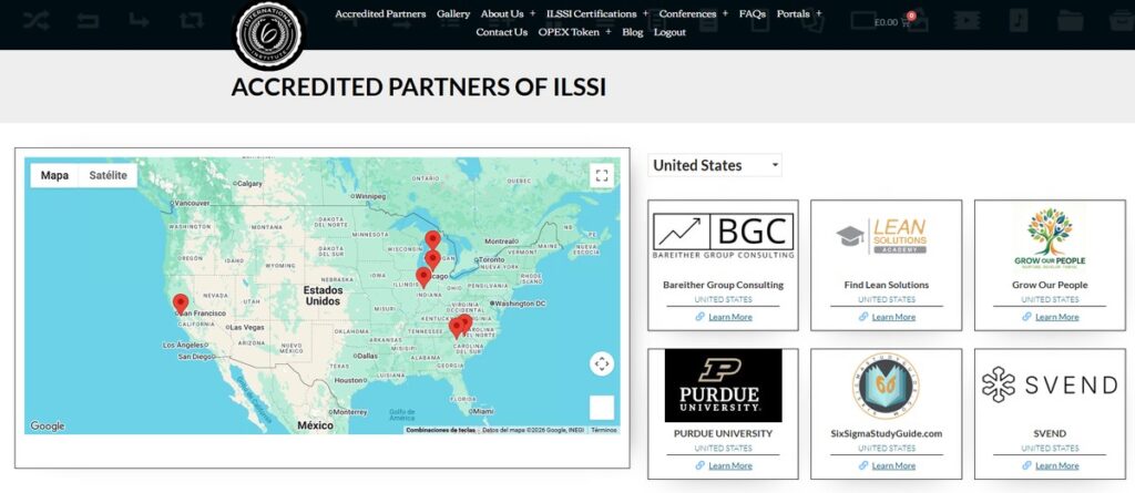 The International Lean Six Sigma Institute partner directory page for the United States, with SixSigmaStudyGuide.com listed among the partners.
